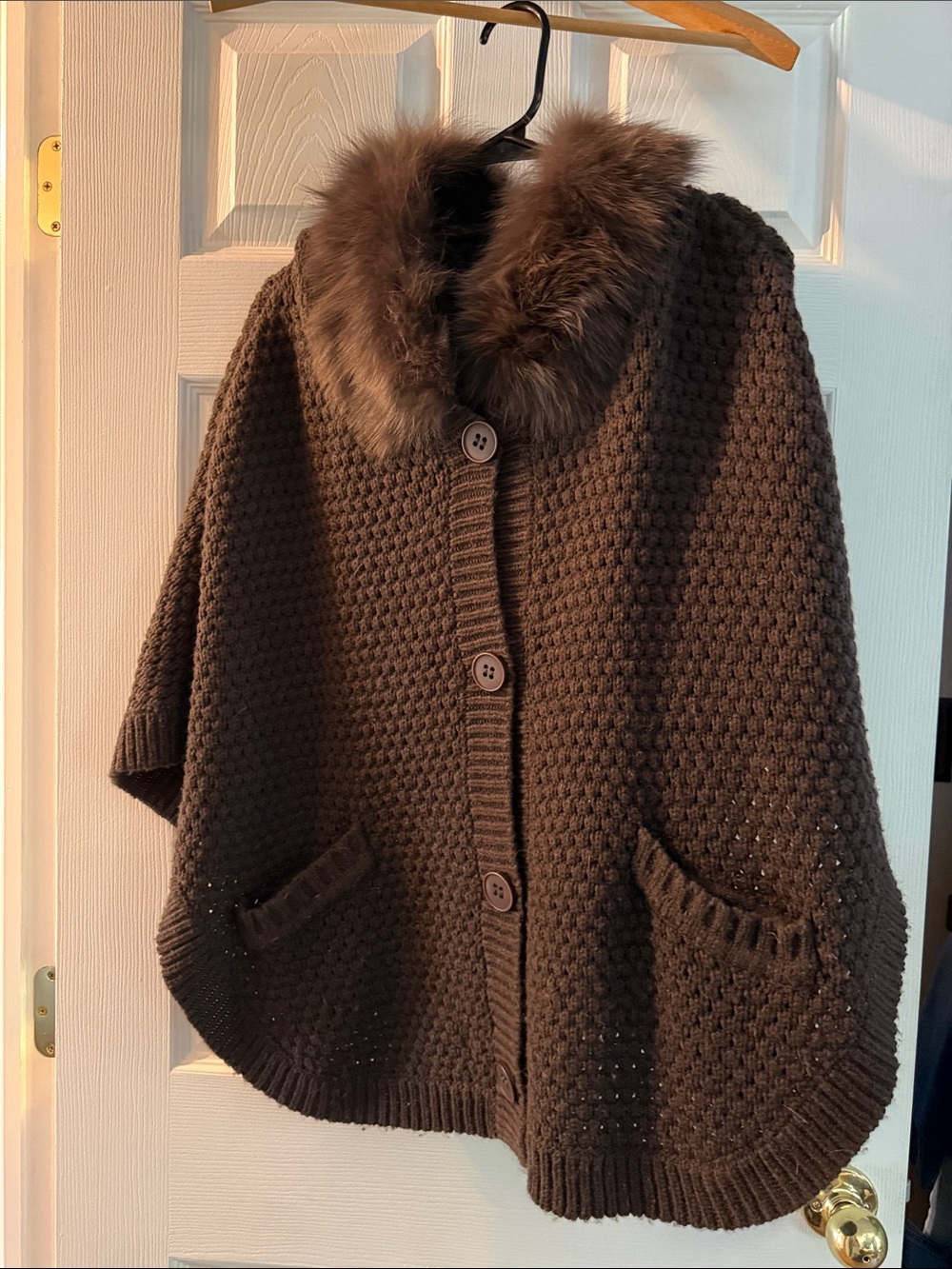 Fox-Fur Trim Hooded Knit Cape in Deep Brown
